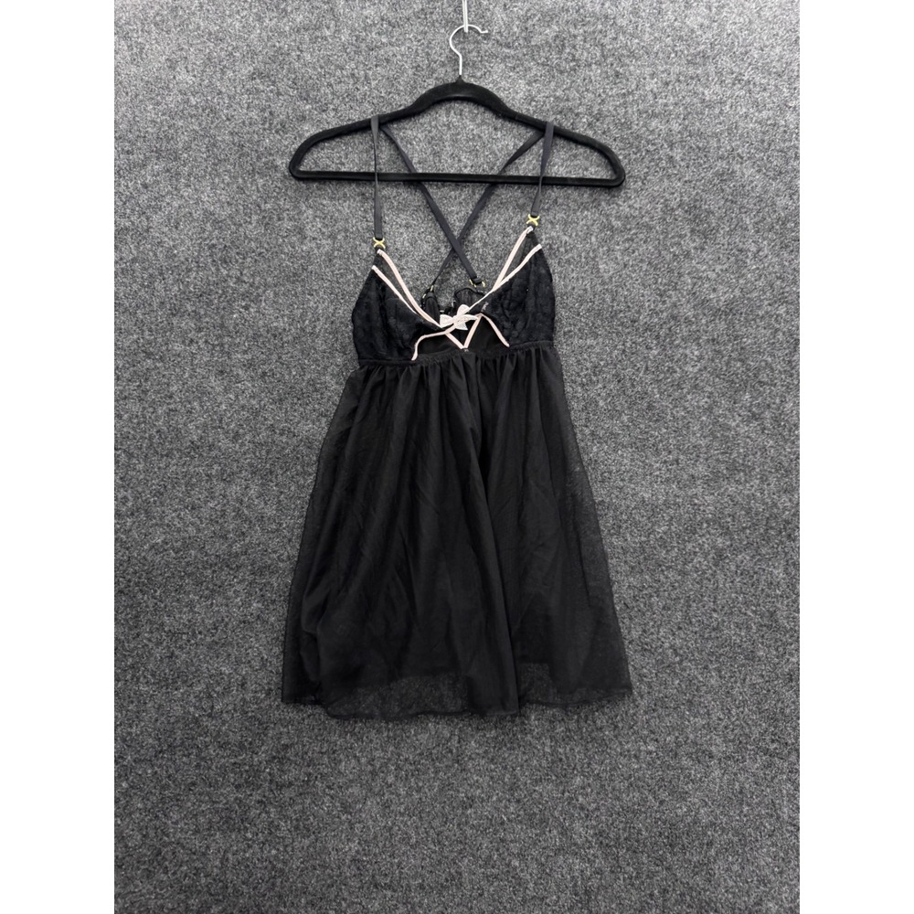 Victorias Secret Black Lace Mesh Babydoll Chemise Pink Trim Gold Hardware Medium